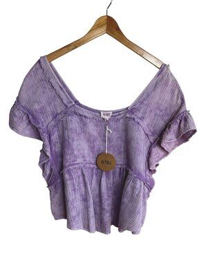 BIBI Purple Fever Top Mineral Wash Gauze Babydoll Flutter Sleeve Square Neck NWT